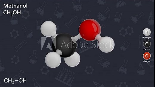 The Animated 3D model of methanol molecule CH3OH (CH4O). Methanol appears as a colorless volatile liquid. the addition of methanol to gasoline, which increases its octane number. 3d rendering.