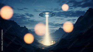 UFO hovering over mountain village with bright light beam. Alien abduction concept, mystery, and sci-fi elements in night scene footage.