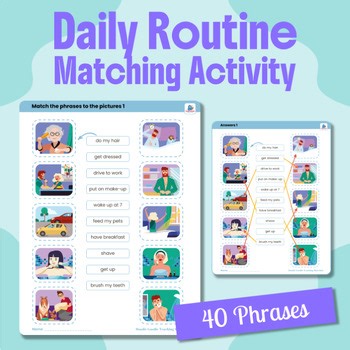 Daily Routine Vocabulary Match: 4 No-Prep Worksheets for ESL & ELL Beginners