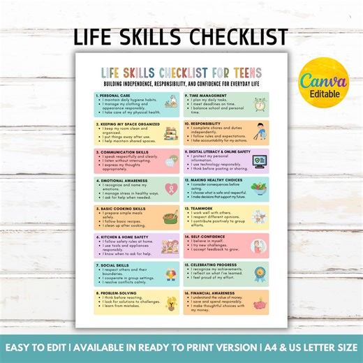 Editable Life Skills Checklist Chart for Teens, Teen Responsibility Chart, Daily Living Skills Printable, Teens Independence, Canva Template - Etsy Canada