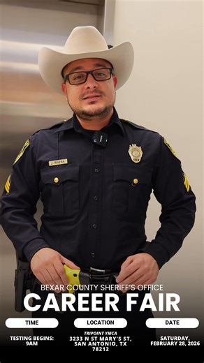 Tomorrow is the day! Join us at the Bexar County Sheriff’s Office February Career Fair and take the first step toward a career in law enforcement. 🗒️ Saturday, February 28, 2026 🕚 9:00 AM 📍 Tri Point YMCA, 3233 N. St. Mary’s St., San Antonio, TX Interested in becoming a deputy? Applicants can complete the written exam and physical agility test on-site, helping speed up the hiring process—you could start a cadet class in as little as 30 days. Recruiters will be available to discuss pay, benefi