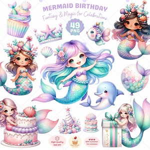 Mermaid Birthday Clipart, Cute Mermaid PNG, Girl Birthday Clipart, Baby Shower, Under the Sea, Mermaid Cake PNG, Card Making, Commercial Use - Etsy