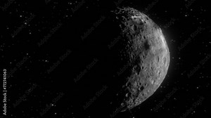 High quality and very detailed CGI render of a dramatic orbit shot of the giant asteroid Vesta in deep space
