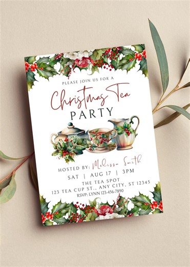 Editable Christmas Tea Party Invitation, Holiday Tea, Printable or Digital Invitation - Etsy