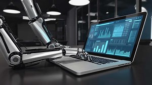 Futuristic robotic arms interacting, typing with a laptop displaying data charts and analytics, symbolizing artificial intelligence, automation, and advanced technology in a modern