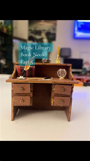 PART 5: Magic Library Book Nook build. Future builders... let the drawers dry before putting it upright for the desk item. 🫠 It's fine. In reality.. we all have a wonky drawer off track anyway. 😝 #magiclibrary #build #miniature #booknook