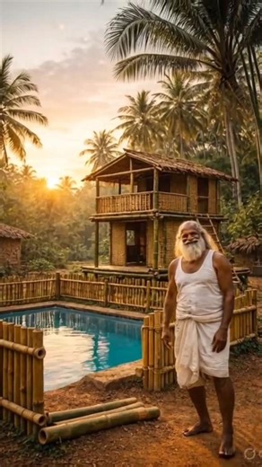 Old Man Builds a 2-Story Bamboo House with a Swimming Pool | Amazing Village Craft