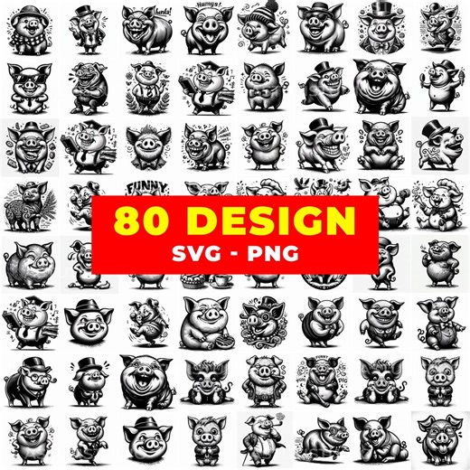 Funny Pig SVG Clipart Bundle | 80 Retro Farm Animal Designs (PNG, SVG) - Etsy