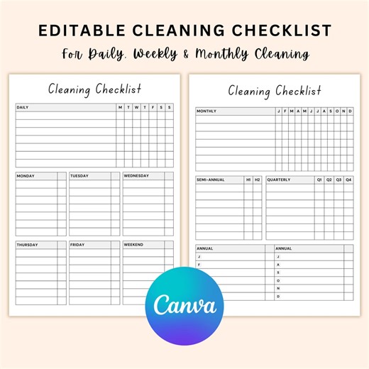 Editable Cleaning Checklist: Daily, Weekly, Monthly (canva Template) - Etsy