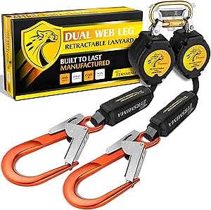TRSMIMA Fall Protection Retractable Lanyard - 6FT Twin Leg Self Retracting Lanyard Tangle-Free Webbing Shock Absorber Dual Aluminum Pelican Rebar Hook Aluminum Carabiner ANSI
