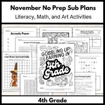 4th Grade November No Prep Sub Plan  | Literacy, Math, and Art Activities