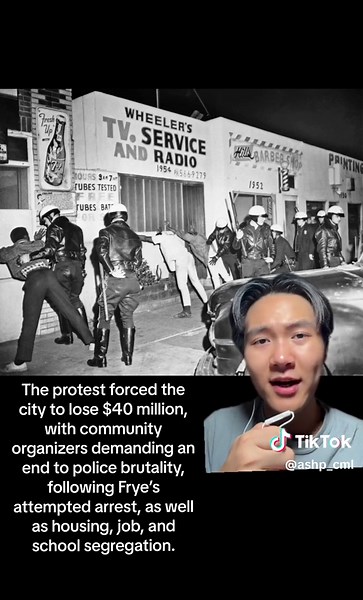 On August 11, 1965, 58 years ago today, the attempted arrest of Marquette Frye, a 21-year-old Black man, in Watts, Los Angeles led to a riot that cost the city $40 million and 34 civilian lives. You can learn more about the 1965 Watts rebellion in historian Gerald Horne’s book FIRE THIS TIME: THE WATTS UPRISING AND THE 1960s. #greenscreen #americansocialhistoryproject #ushistory #americanhistory #socialhistory #losangeles #watts #california #blackhistory #wattsriots #marquettefrye #history #riot