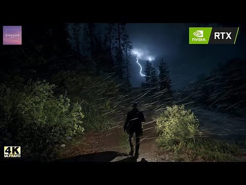 Forest Walk in Thunderstorm at Night in Red Dead Redemption 2 | Third Person View | 4K Ultra