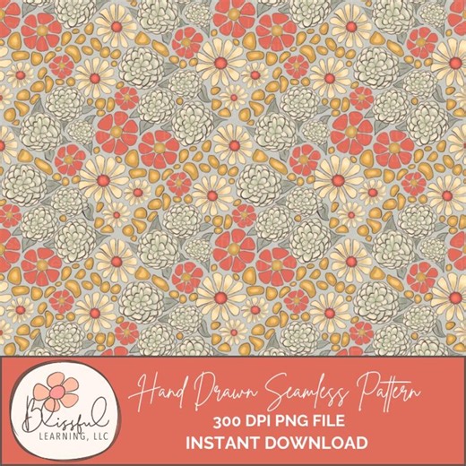 Fall Floral Seamless Pattern: Coral & Mustard Autumn Flowers Design (12x12" PNG Digital Download) - Etsy