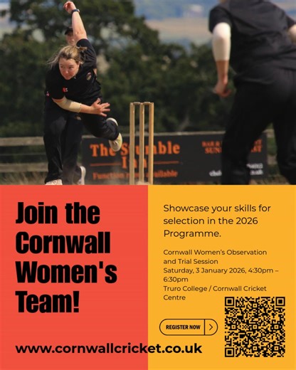 We are pleased to invite players to the Cornwall Women’s Observation and Trial Session for selection into the 2025/26 Programme. Date: Saturday 3 January 2026 Time: 4:30pm – 6:30pm Venue: Truro College / Cornwall Cricket Centre This session offers players the chance to showcase their skills ahead of winter squad selection, meet the coaching team, and gain an understanding of the programme structure for the upcoming season. Please ensure players arrive 10–15 minutes early for registration and war