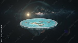 Flat Earth in cosmos. Overview of flat Earth slowly rotating in space. A Flat Earth model with Antarctica as an ice wall surrounding a disc-shaped planet. Modern flat Earth animation in universe. 3D