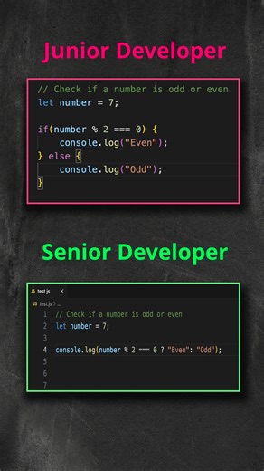 Tech Vibes..... on Instagram: "Is shorter actually better?We all started at the top... 😅 Description: The evolution of a developer in 10 seconds. 📉📈There is nothing wrong with the Junior way, but once you discover the "one-liner" life, you never go back. Which stage are you at right now? Let me know in the comments! 👇 #codingmemes #developerlife #juniorvssenior #techhumor #programming #javascriptdeveloper #webdev #reactjs#fullstack #techcommunity #computerscience 