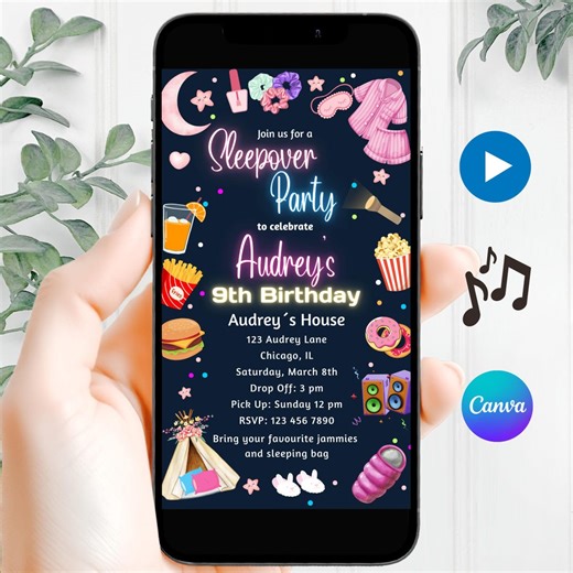 Sleepover Birthday Invitation for Girls, Slumber Party Pajama Invite, Editable Canva Template, Printable & Digital Download - Etsy