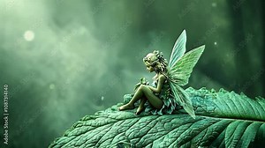 Enchanted Forest Fairy: A delicate fairy with translucent wings sits peacefully on a giant leaf in a mystical green forest, bathed in soft light.