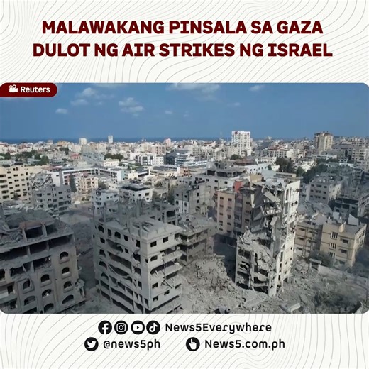 4.4K views · 68 reactions | BABALA: SENSITIBONG BALITA Makikita sa drone footage ang malawakang pinsala sa #Gaza matapos magpaulan ng matitinding air strikes ang #Israel sa kabila ng pagbabanta ng #Hamas Islamist militants na papatayin ang kanilang mga nabihag. Una nang nangako ang Israel na gaganti sila nang matindi matapos ang mapaminsalang atake ng mga militante ng Palestine. #News5 | via Reuters For more latest stories, visit us at www.news5.com.ph | News5 | Facebook