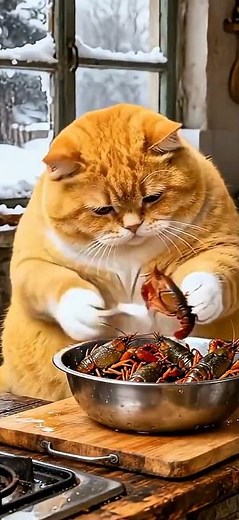 Chubby Cat Catches and Cooks Crawfish in the Snow 🦞❄️