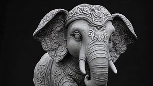 A stunning stone elephant sculpture with intricate carvings symbolizes strength and wisdom, displayed in an art gallery with a dark background that highlights its details.