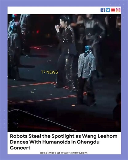 T7News Channel on Instagram: "Chinese-American singer Wang Leehom’s concert in Chengdu turned into a futuristic spectacle as several Unitree G1 humanoid robots joined him on stage during his ‘Best Place Tour’. Dressed in baggy pants and sparkling overshirts, the robots performed synchronised dance routines alongside human dancers during the song Open Fire. According to reports, the robots moved with sharp mechanical precision in sync with the live music and lighting, with one of the highlights b