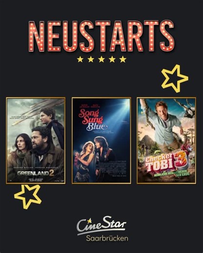 Cinestar Saarbrücken on Instagram: "⭐️ Die Neustarts und Sondervorstellungen der neuen Kinowoche vom 08.01. - 14.01.2026 ⭐️ 🎟️ NEUSTARTS ————————— • Greenland 2 • Song Sung Blue • Checker Tobi 3 🎬 SONDERVORSTELLUNGEN —————————————————— • Der kleine Eisbär - Mein erster Kinobesuch SA, 10. JAN & SO, 11. JAN • Live aus der MET: Bellini "I Puritani" SA, 10. JAN • Preview "Extrawurst" DI, 13. JAN • CineLady Preview "The Housemaid - Wenn sie wüsste" MI, 14. JAN • Tallaani (arab. OmU engl. UT) SO, 11