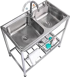 Outdoor Utility Sink Stainless Steel Double Bowl Sink Free Standing Commercial Restaurant Kitchen Sink with Hot and Cold Faucet for Laundry,Garage,Cafe Bar 32.7" x 17.3" x30.3"