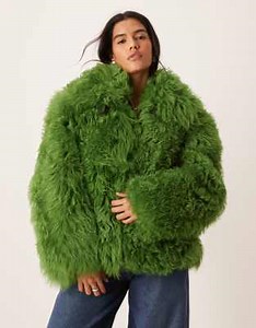 Urbancode shearling boxy monster jacket in green | ASOS