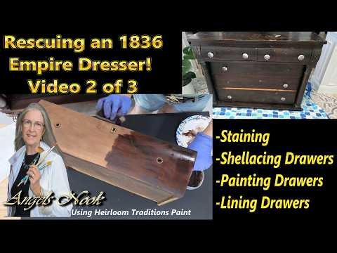 Antique Empire Dresser Restoration | Video 2 of 3 | Staining, Shellac and Drawer Finishes