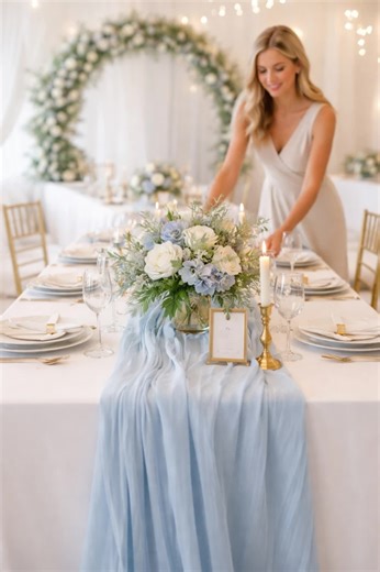 Sky-Blue Crinkle Cloth Runner for Romantic Weddings