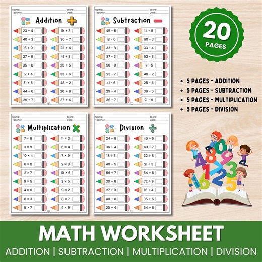 Math Problems Worksheet | Addition Subtraction Multiplication Division | Printable Math Practice | Elementary Math Test - Etsy