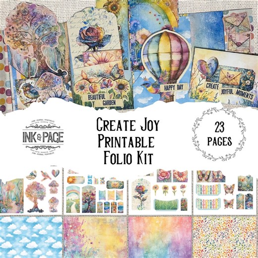 Create Joy Printable Folio Kit Rainbow Mixed Media Digital Download Whimsical Junk Journal Supplies Magical Papercraft Scrapbook Ephemera - Etsy