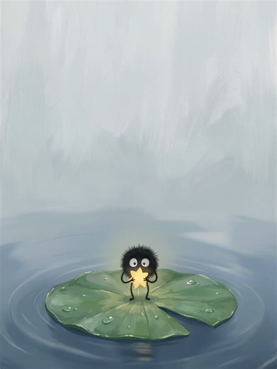 Susuwatari on Lotus Leaf ✨ - - A tiny sprite on lily pad, Holds a star, not looking sad, Through misty fog and ripples slow, In quiet peace the waters flow. #livewallpaper #studioghiblivibes #sootsprite #lockscreen #ghiblifanart