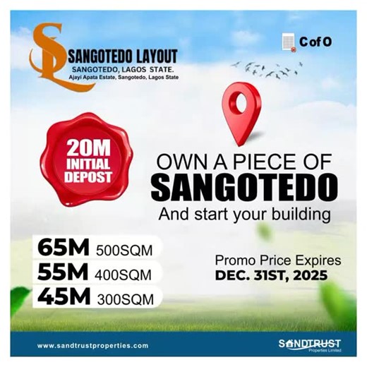 TruEarth Global Limited on Instagram: "Own a plot in Sangotedo Layout today and start your building journey with ease. Located in Ajayi Apata Estate, Sangotedo, Lagos State, this estate offers full C of O and flexible payment starting from a 20 million initial deposit. Promo plot prices: 300sqm for 45 million, 400sqm for 55 million, and 500sqm for 65 million. For purchase or site visit, contact 09050479781. #TruearthGlobalLimited #AffordableLuxury #LagosRealEstate #PropertyInNigeria #NigeriaList