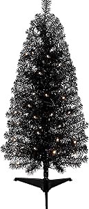 Decoway Pre-Lit Artificial Christmas Tree, 4ft Slim Black Tinsel Christmas Tree with Warm White LEDs, Battery Operated - Includes Stand, Fire Retardant PVC for Small Spaces, Home Indoor Decoration