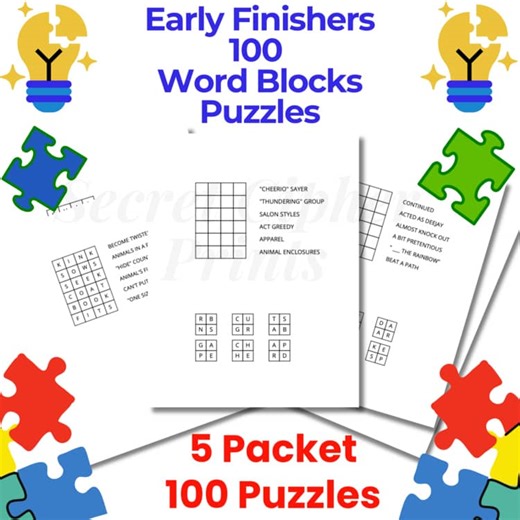 Early Finishers Word Blocks Puzzle Pack–100 Printable Logic & Vocabulary Puzzles