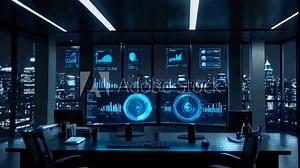 A dark room with multiple computer monitors displaying graphs and data.