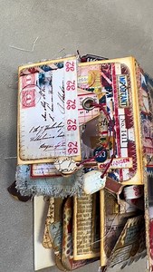 Hello folks. This reel highlights the details of a handmade folderbooklet made from a file folder. The pages are compact but heavily layered, using stitched paper, distressed fabric, and vintage-style imagery. Each of the three pages has its own visual rhythm, from envelope imagery to textile-heavy surfaces and a concluding postal-themed page featuring an Afro-American man. The emphasis is on texture, structure, and the interaction between paper and thread. All downloads used in this project are