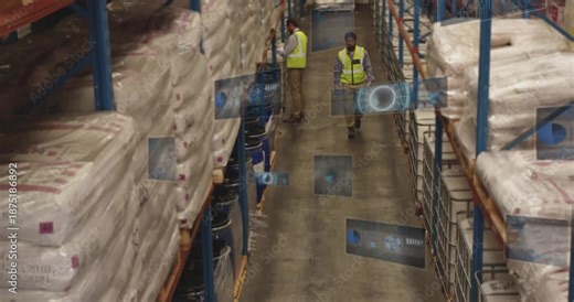 Warehouse worker scanning inventory and generating AR overlays while colleague logging stock levels