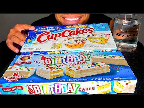 ASMR LITTLE DEBBIE BIRTHDAY CAKES CUPCAKES EATING SHOW MOUTH SOUNDS NO TALKING JERRY CANDY
