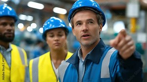 A supervisor guiding new workers through hands on training at a busy factory floor gestures clear as trainees observe closely industrial machines operating in the background unde