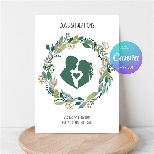 Wedding Congratulation Card Printable, Greenery Wreath Couple Silhouette Engagement Wedding Gift Wed Card, Wedding Cay Card Bride and Groom - Etsy
