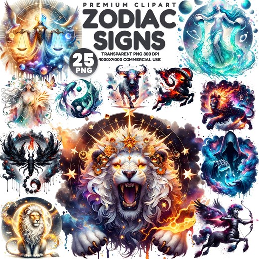 Zodiac Signs PNG Watercolor Clipart Bundle, Fantasy Horoscope Celestial Clipart, Fantasy Astrology PNG, Sublimation Design, Digital Download - Etsy