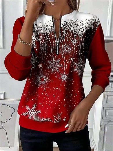 Women's Pullover Sweatshirt Zip Up Sweatshirts Graphic Snowflake Fashion Casual Long Sleeve Crew Neck Regular Tops Street Dailywear Zipper Print Black Red Red White Fall Winter 2025