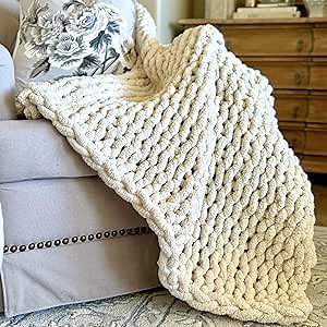 Chunky Knit Blanket Throw - 50 x 60 Soft Chenille Throw Blanket, Hand Knitted Blanket for Couch, Bed, Sofa, Home Decor (Cream)
