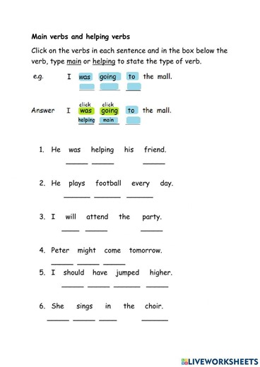 Main verbs and helping verbs worksheet