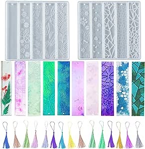 2 Set of Bookmark with Tassel Silicone Resin Mold Rectangle Leaves Texture Flower Shaped Epoxy Silicone Casting Molds Bookmark for Reading Book 10 Styles,3D DIY Making Handmade Decor Crafts