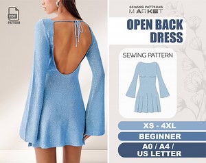 Open Back Dress Pattern Beginner Romantic Backless Dress Sewing Pattern, Flared Long Sleeve Dress, Digital Patterns, XS - 4XL - Etsy